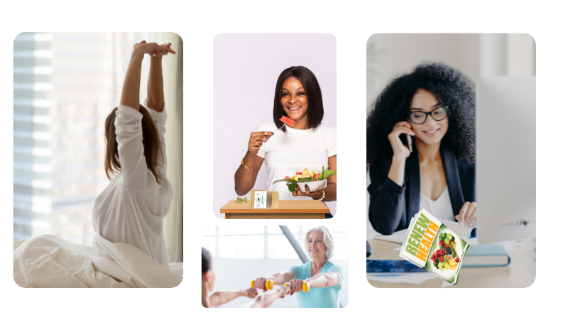 woman waking up from sleep, woman eating fruits, woman exercising, woman working